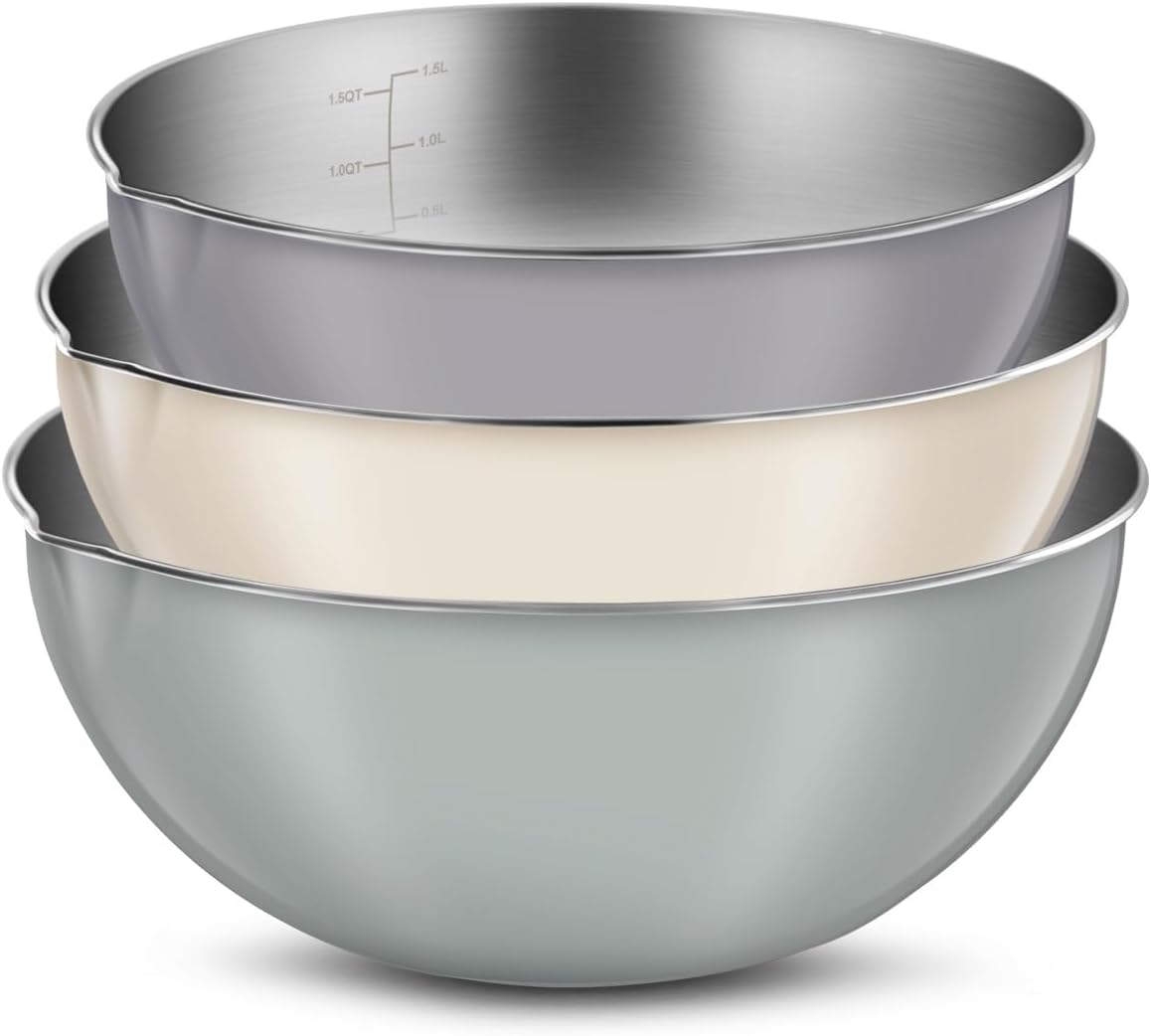 3-Piece Stainless Steel Mixing Bowl Set, Beige/Mint Green/Light Gray, Nesting Design with Pure Spout, Multipurpose Kitchen Basket /1.56Quarts/3.17Quarts/4.23Quarts (Assorted Color)