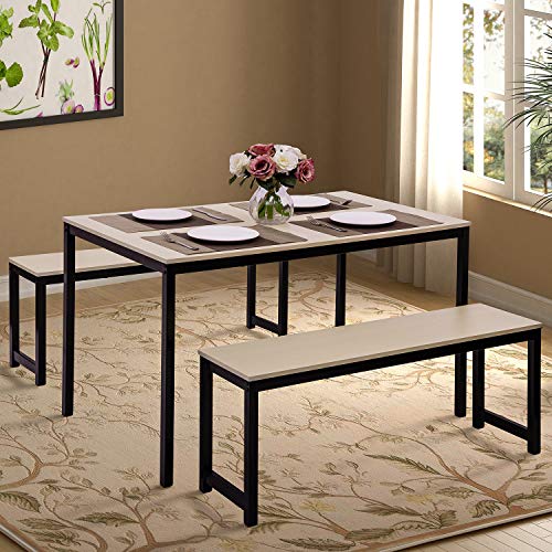 Dining Table Set, Hinpia 3 Pieces Modern Kitchen Table Set With 2 Benches, Wood Tabletop With Metal Frame (Beige/Black) #TOP16