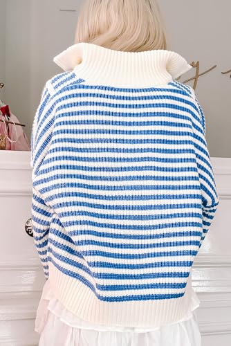 Women's Sky Blue Stripe Zip-Up Collar Drop Shoulder Sweater2