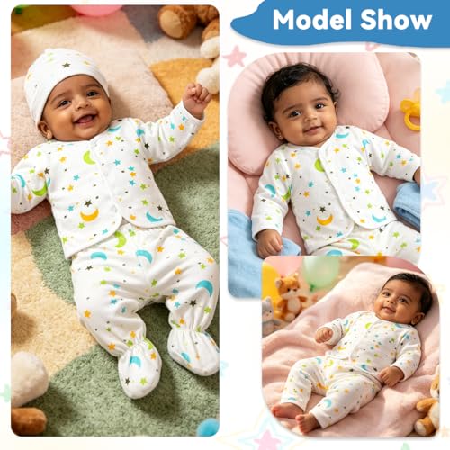 Image of SNOWIE SOFT 5Pcs Set New Born Baby Clothes 0-3 Months with Cotton Long Sleeve Top and Pants, Gloves, Socks, Bear Ear Hat, Infant Clothes 0-3 Months New Born Baby Gifts Shower Gift