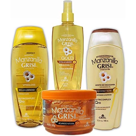Manzanilla Grisi Premium Bathroom Bundle - Styling Gel, Gold Lightener and Detangler, and a Chamomile Conditioner + Shampoo Set Cover