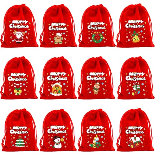 DEARBAG Pacote de 12 pequenas malas de Natal para preencher, bolsa de veludo, sacos de presente de Natal com cordão, reutilizáveis, saco de doces, Christmas Bags (vermelho, 9 x 12 cm)