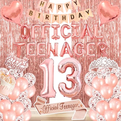 YGSEPCC 13th Birthday Decorations for Girls Official Teenager Party Supplies Rose Gold Foil Balloons Tiara Tassel Curtains Sash Balloons Numbers Banner Cake Topper for 13 Birthday Girl Decorations