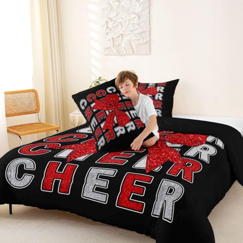 Image of Feelyou Cheer Bow Comforter Set Queen Size Red Glitter Cheerleader Bedding Set for Kids Boys Girls Cheerleading Duvet Quilt Sport Bedroom Decor Microfiber 3 Pcs with 2 Pillow Cases