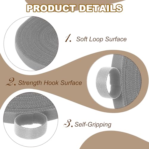Image of PATIKIL 0.4IN x 33FT Hook and Loop Tape, 2 Pcs Double-Sided Nylon Strips Reusable Cable Ties Roll Multi-Purpose Cord Management Tape Wrap Fastener for Home Office, Gray