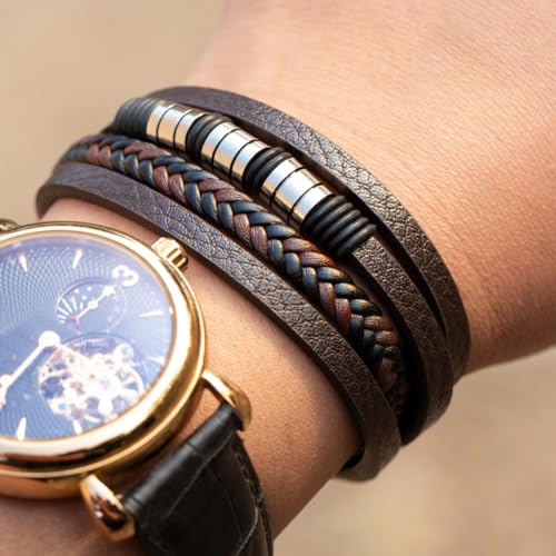 Mens Leather Bracelet Multi-Layer Braided Bangle for men Stainless Steel Jewelry Hand Accessories Gift for Men, Brown Black Blue2