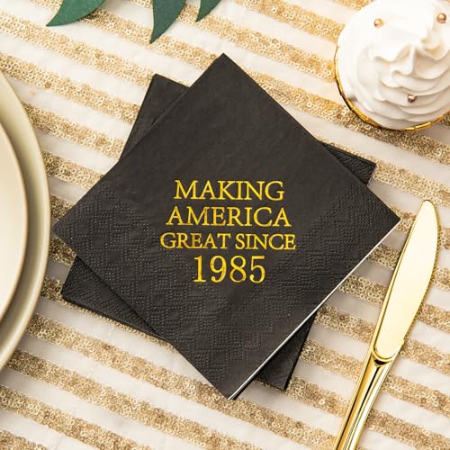 Crisky 40th Birthday Disposable Napkins Black and Gold Dessert Beverage Cocktail Cake Napkins 40th Birthday Decoration Party Supplies for Man Making Great Since 1985, 50 Pack 4.9"x4.9" Folded