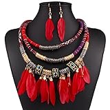 XY Fancy Feather Pendant Multi Layers Tribal Bib Necklace Statement Earring Jewelry Set