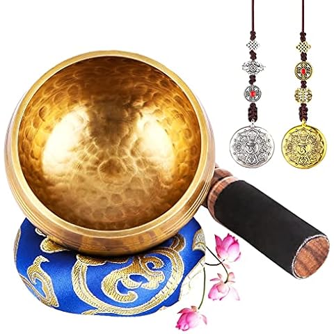 UNIDEAL Tibetische Klangschale Set, Singing Bowl aus Tibet mit Klöppel und Klangschalenkissen, Kommt mit 2 verheißungsvollen Kupferornamenten, Handgefertigt in Nepal, zur Yoga Meditation, Entspannung thumbnail