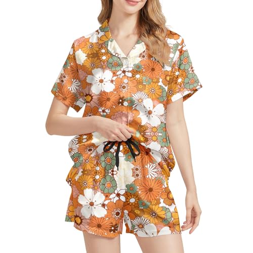 Image of Silk Satin Pajama Set for Women Summer Lounge Pjs Sets 2 Piece Suit Ladies Button Down Tops And Shorts Sleepwear