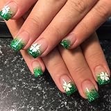 24Pcs St. Patrick's Day Press on Nails Short Square French Tip Fake Nails White Shamrock with Green Glitter False Nails Design Nude Full Cover Artificial Glue on Nail Irish Stick on Nails for Women