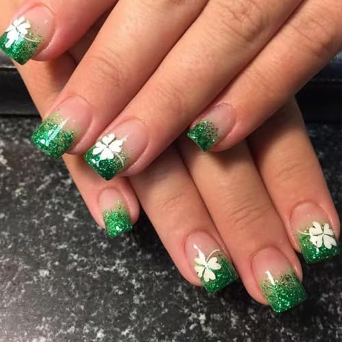 24Pcs St. Patricks Day Press on Nails Short Square French Tip Fake Nails White Shamrock with Green Glitter False Nails Design Nude Full Cover Artificial Glue on Nail Irish Stick on Nails for Women