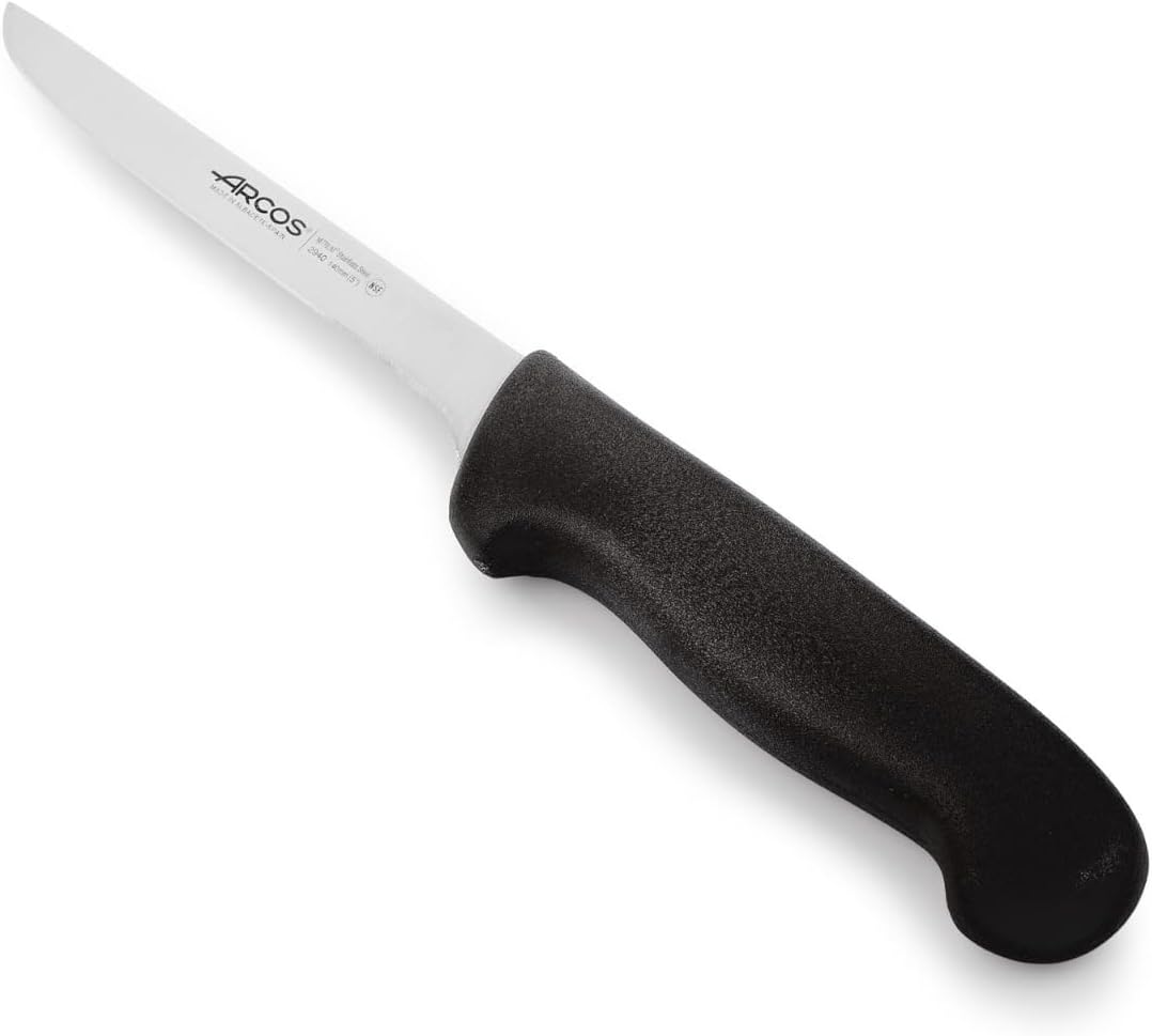 Arcos Boning Knife 5 Inch Nitrum Stainless Steel and 140 mm blade. Professional Butcher Knife to Slice Bones from Meat. Ergonomic Polypropylene Handle. Series 2900. Color black.