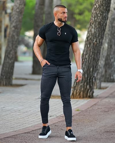 GINGTTO Mens Chino Pants Slim Fit Stretch Pinstripe Pants Men Dress Black 31W28L4