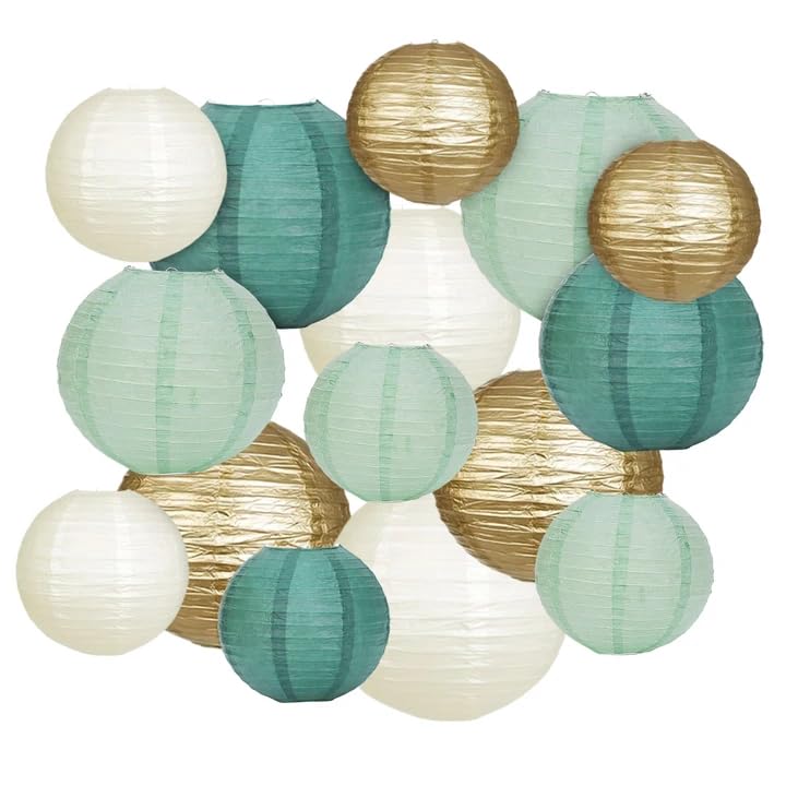 ACOMTUO 15 Lanternes Rondes en Papier,Lampions en Papier Vert Doré,Lampions en Papier Vert Sauge,Lampions Vert Sauge pour Mariée, Décoration de Mariage, Fête...