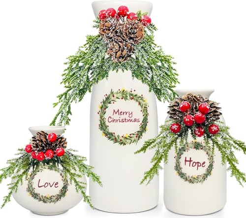 3 Pcs Ceramic Vases with Pine Branch Red Berry,...