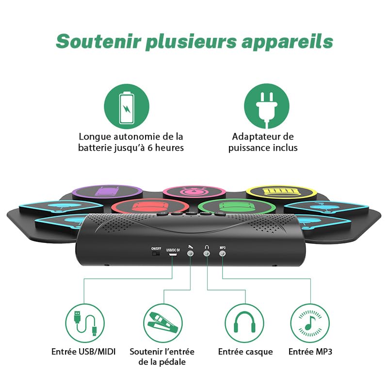 Batteria elettronica per adulti e bambini, 9 cuscinetti avvolgenti (9 pad) | Altoparlante Integrato, Compatibile MIDI, Portatile Kit Batteria Musica Elettronico per Principianti e Professionisti