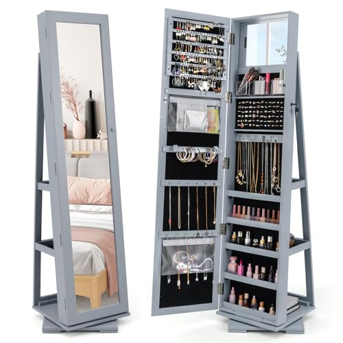 GOPLUS Armoire à Bijoux avec Miroir, Porte Bijoux sur Pied avec Étagère de Rangement&Serrure, Organisateur Chambre Pivotante à 360°, Coffre Bijoux pour Maquillage, Habillage (Gris)