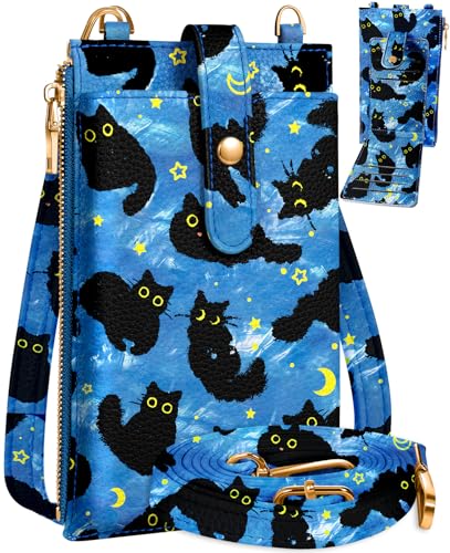 Image of Miss Adola Phone Purse Crossbody Bags for Women - Leather Small Cell Phone Wallet RFID Blocking with Card Slots & Adjustable Strap Cute Designer Aesthetic Cross Body Bags, Blue Moon Cat