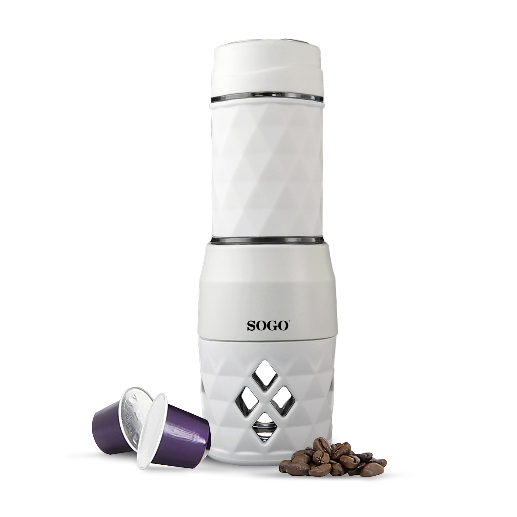 SOGO Cafetera Portátil Cápsulas Blanca Manual 3 en 1 - Máquina de Café Portátil para Cápsulas, Café Molido y Té - Cafetera Ideal para Viajes, Trabajo compatible con Nespresso