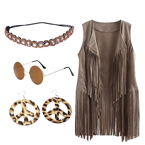 Celanisai Disfraz hippie para mujer, disfraz de vaquera con accesorios hippie, ropa de los años 70, chaleco con flecos con pendientes, collar, diadema hippie, gafas de sol vintage y pulsera