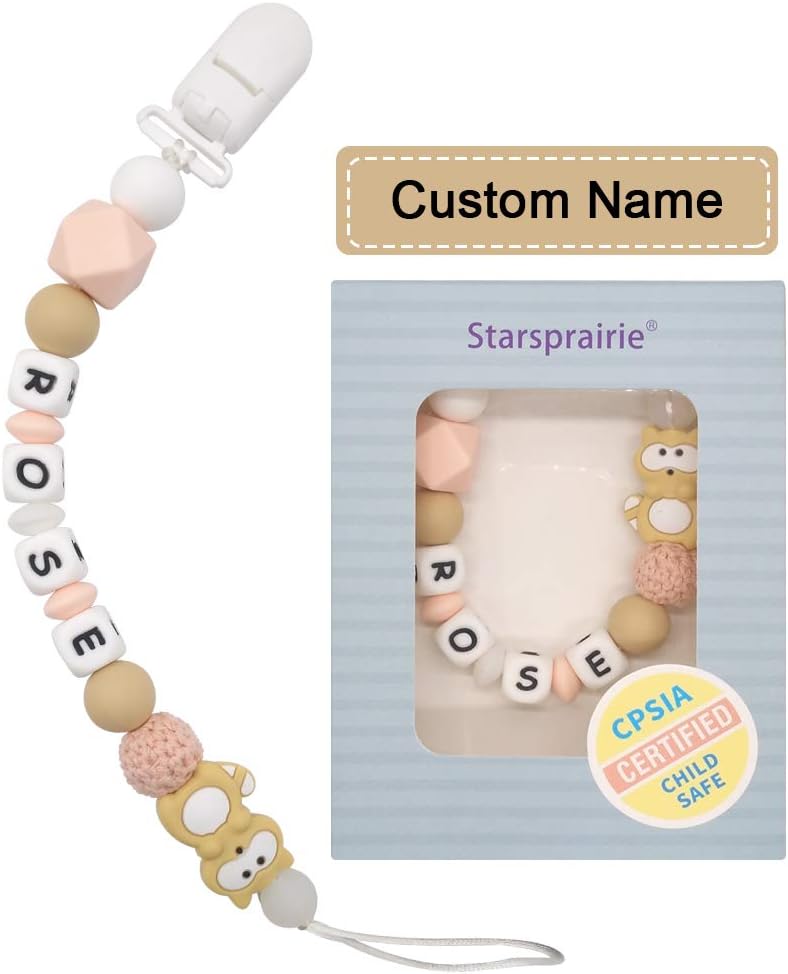 Personalized Pacifier Clip with Name Baby Teething Toys Custom Name Pacifier Holder BPA Free Silicone Beads Binky Holder for Boy Girl, Soothie,Mam, Shower Gift Raccoon (Beige)