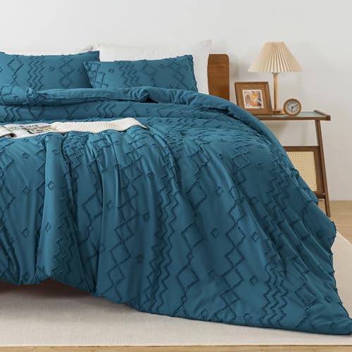 Image of Andency Teal Tufted Comforter Set King(104x90Inch), 3 Pieces(1 Boho Comforter, 2 Pillowcases) Textured Farmhouse Bed Set, Soft Down Alternative Geometric Bedding