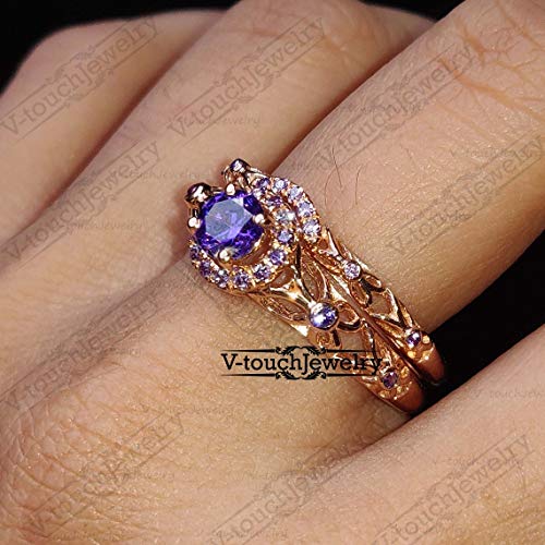V Touch 14K Rose Gold Plated 925 Sterling Silver Round Cut Purple Amethyst Engagement Wedding Tinkerbell Ring Set for Women's3