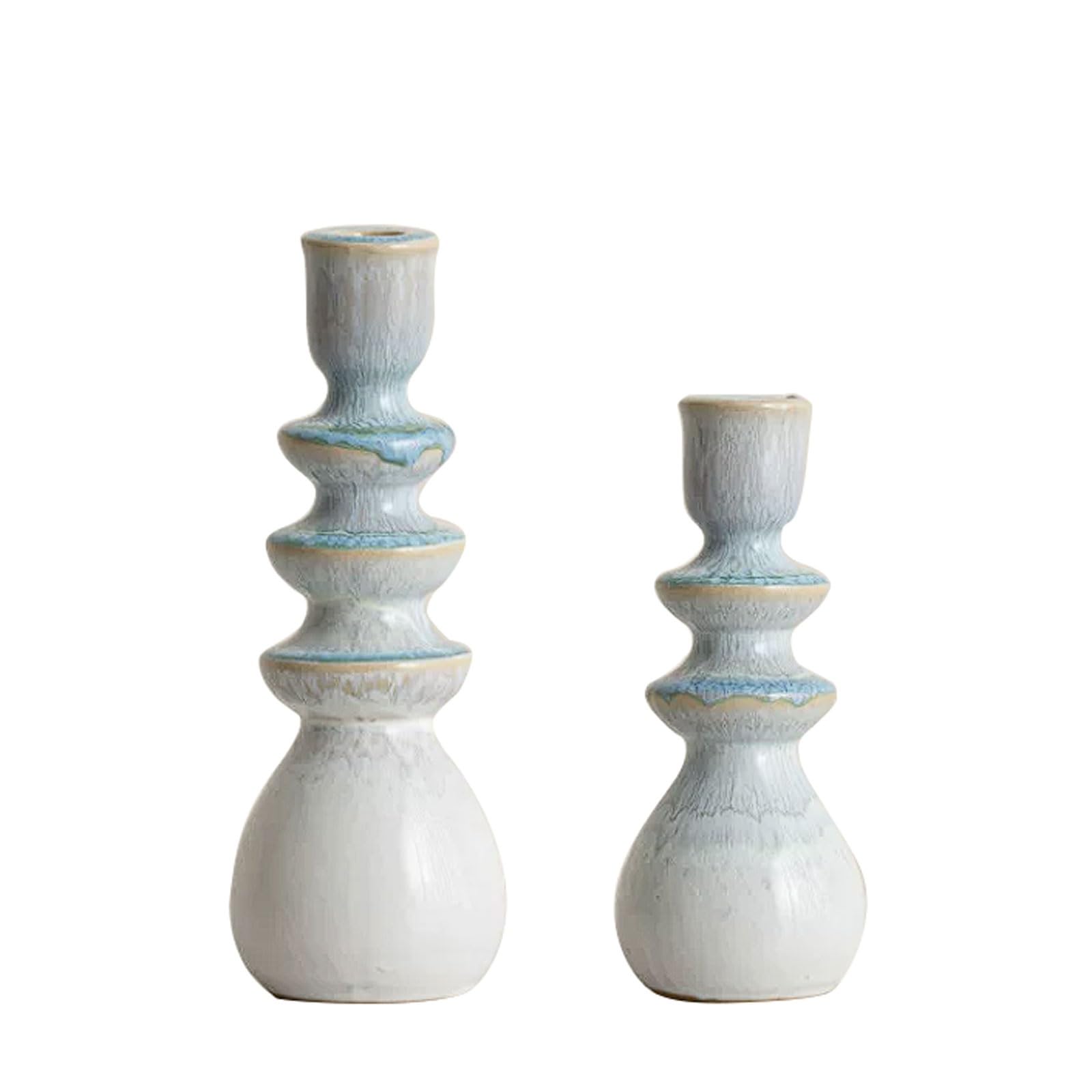 Retro Kiln-Glazed Ceramic Candle Holder Set of 2 Blue and White Beaded Design Atmospheric Decor Photography Prop