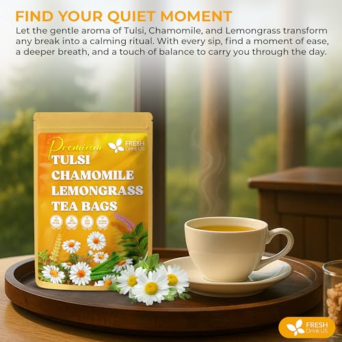 Image of FreshDrinkUS, Premium 75 Tea Bags Tulsi Chamomile Lemongrass Herbal Tea | Blend with Holy Basil, Chamomile Flowers & Lemongrass Leaves - Naturally Caffeine-Free, Soothing Herbal Infusion. Vegan