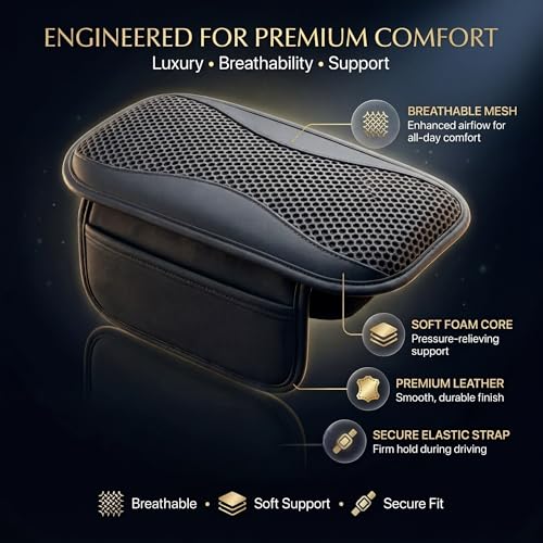 Image of DETACHI Car Center Console Armrest Cover Pad, PU Leather Mesh Armrest Cushion,Universal Fit for SUV /Truck /Car, Console Box Cover With 2 Mobile Pockets, Breathable Mesh Fabric Mat-(Black, 31X18X2CM)