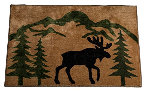 Paseo Road Moose Print Cabin Kitchen Mat, Rustic Bathroom Rug 24x36 inch, Brown, Black, Dark Green Lodge Themed Non-Slip Washable Floor Bath Rug