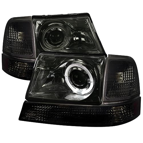SPEC-D TUNING Smoke Halo Ring Projector Headlights + Smoke Corner Lights Compatible with 1998-2000 Ford Ranger Left + Right Pair Headlamps Assembly