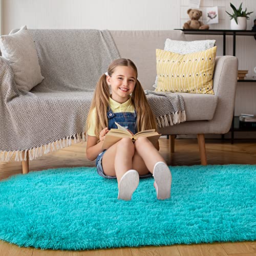 Yj.gwl Oval Bedside Rugs For Bedroom, Fluffy Turquoise Rugs For Living Room, Aesthetic Dorm Apartment Rug Decor, Nursery Kids Room Fuzzy Cute Carpet, 2.6' X 5.3' Turquoise Blue #TOP6
