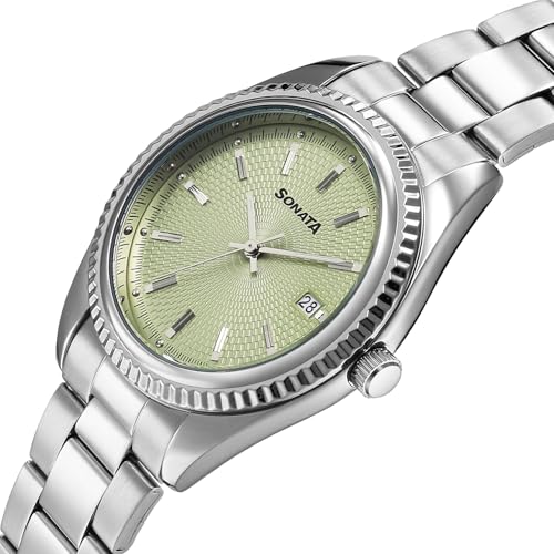 Image of Sonata Festive 2.0 Quartz Lt. Green Round Dial Men's Watch | Stainless Steel Strap Material | Watches for Men Analog - 77198SM01