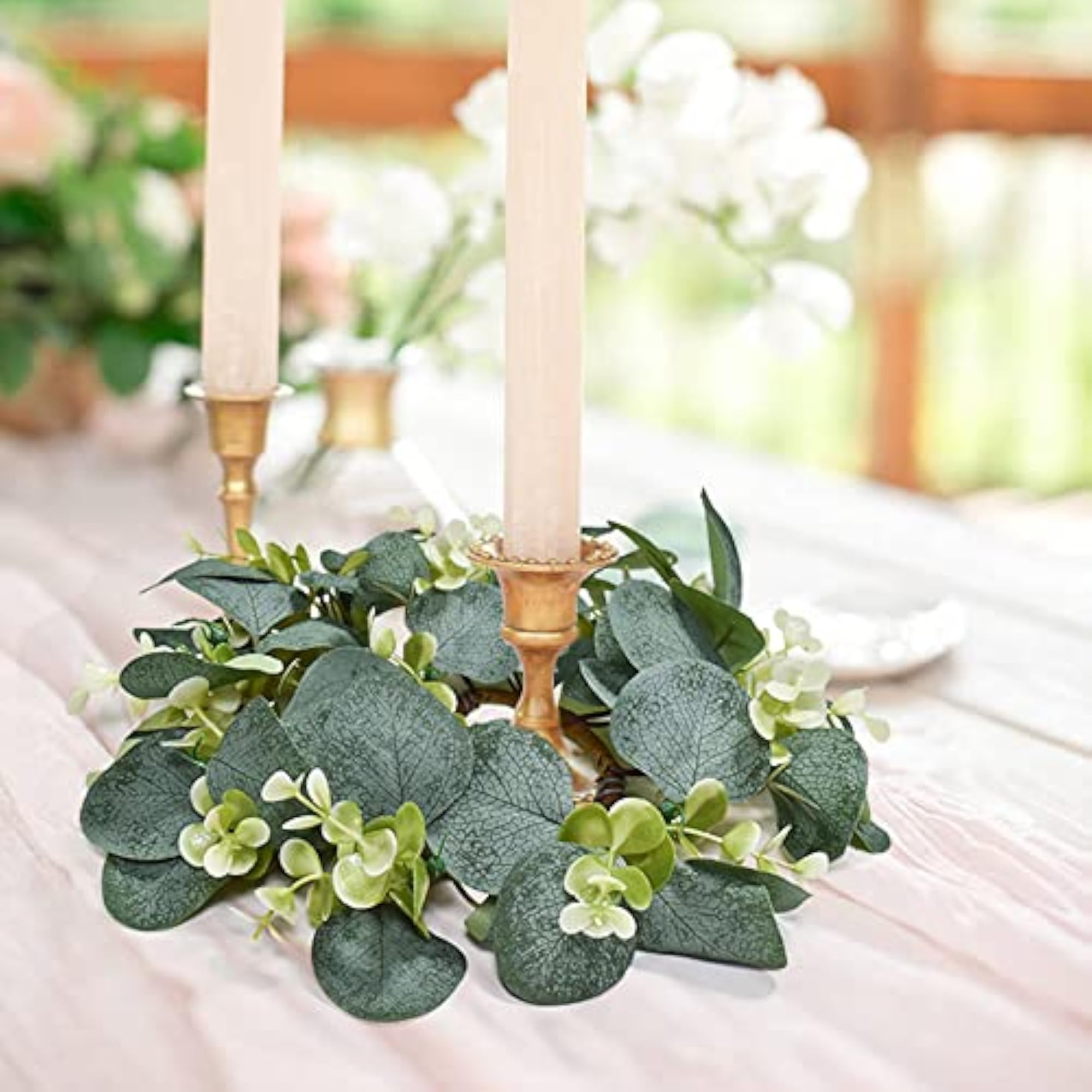 6 Pcs Candle Rings with Artificial Eucalyptus Leaves