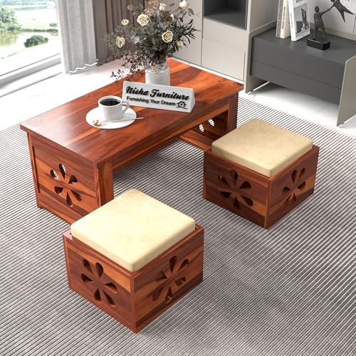 Image of Sheesham Wooden Coffee Table for Home, Living Room Furniture | Solid Wooden Center Table for Living Room, Meeting Room Sofa Side Table Center Tea Table, Flower- Honey Finish
