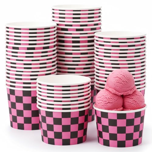 Image of Zopeal 50 Count Black and Pink Checkered Ice Cream Cups Paper Race Car
