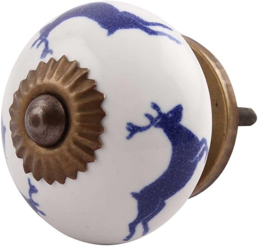 Indian Shelf Pack of 10 Blue Running Rein Deer Ceramic Chic Cabinet Handles Dresser Pulls Drawer Knobs Stylish Hardware