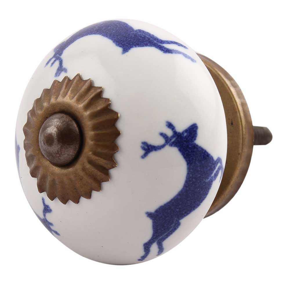 IndianShelf Handcrafted 8 Pieces Ceramic Vintage Running Rein Deer Kid Blue Knobs and Pulls for Bathroom Cabinets Door Dresser
