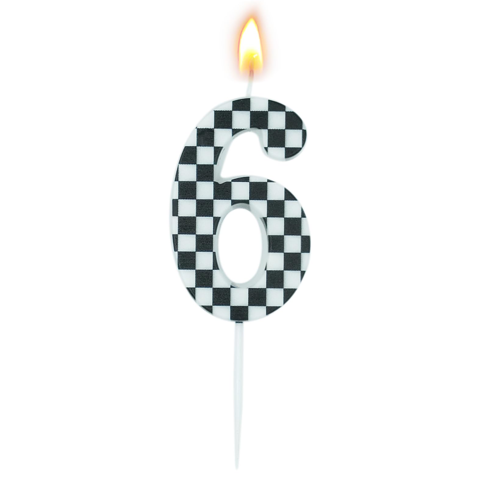 Racing Cars Birthday Candle, Checkered Flag Cake Topper - Number 6 | Checkered flag number candles for racing birthdays. Black & white paraffin wax,