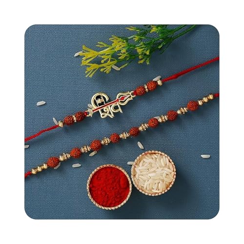 Image of eCraftIndia Set of 2 Peacock Feather Floral Designer Rakhi for Brother Bhaiya Bhai Boys Kids | Roli Chawal Pack