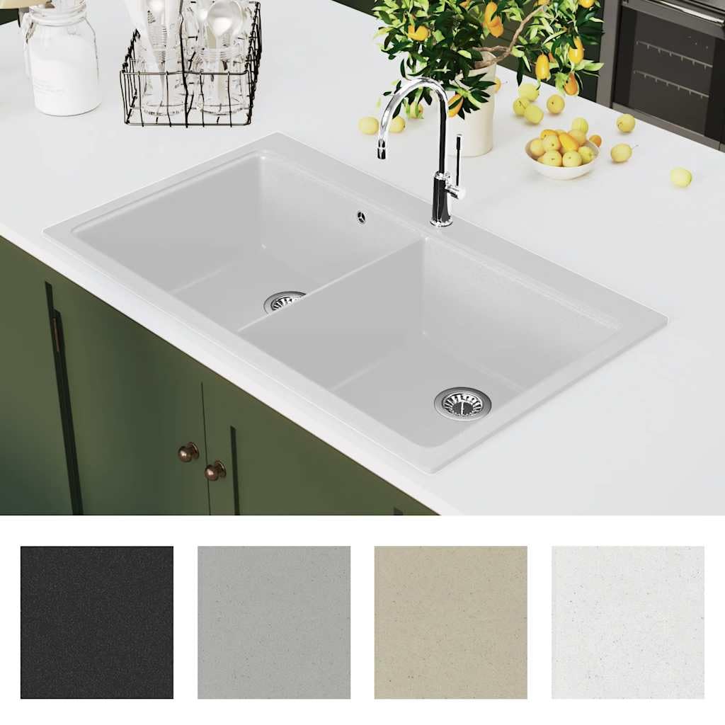 Fregadero doble de granito blanco de resina de cuarzo, 860 x 510 mm, con escurridor y lavabo, empotrable con sifón y orificio para grifo, para cocina, lavadero, exterior y autocaravana