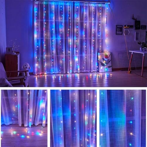 Image of fizzytech Plastic Fairy Curtain String Lights for Wall Decoration, Multicolour USB Powered 300 LED's, 8 Flashing Modes, Window Backdrop Lights for Bedroom, Party, Diwali, Christmas - 3x3 Meter