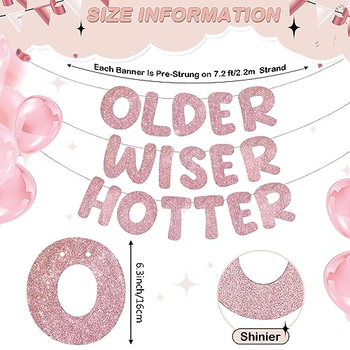 Image of Fulmoon Set of 3 Pre Strung Older Wiser Hotter Glitter Banner Funny Birthday Banner for Women 30th 40th 50th 60th 70th 80th Birthday Party Decorations Sign Gift(Rose Gold)