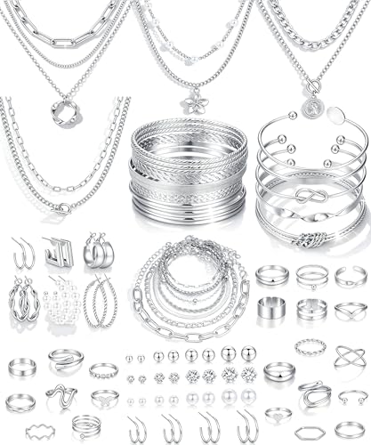 Image of 17 MILE 78 Pieces Gold Jewelry Set for Women, 9 Necklace, 24 Bangle Bracelet, 22 Earrings, 23 Knuckle Rings Gold Plated Jewerly set for Women Gift