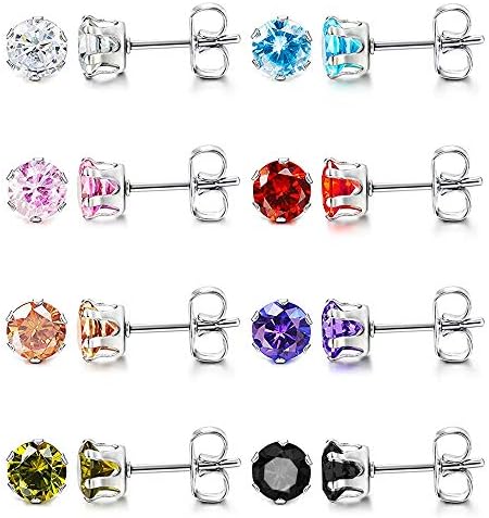 UHIBROS Cubic Zirconia Earrings Studs for Women, 8 Pairs Multicolor Hypoallergenic 316L Stainless Steel Stud Earrings Set Multipack Colorful CZ Earrings for Mens 5mm, Gifts for Men Women