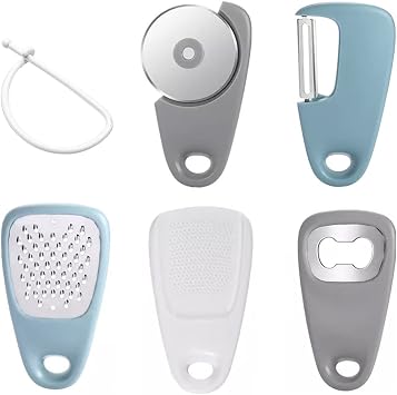 5 Pieces Kitchen Gadgets Space Saving Kitchen Accessories Cheese Grater, Bottle Opener, Fruit/Vegetable Peeler, Pizza Cutter, Garlic/Ginger Grinder, Stainless Steel Camping Accessories