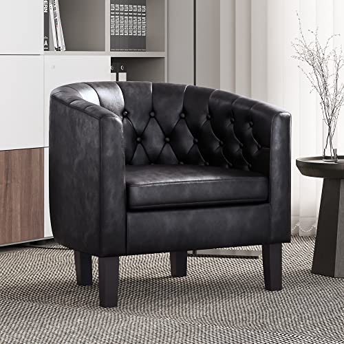 BELLEZE Black Accent Chairs for Living Room, Elegant Arm Chair Upholstered Tufted Barrel Chair Club Chair for Bedroom with Sturdy Legs and Faux Leathe