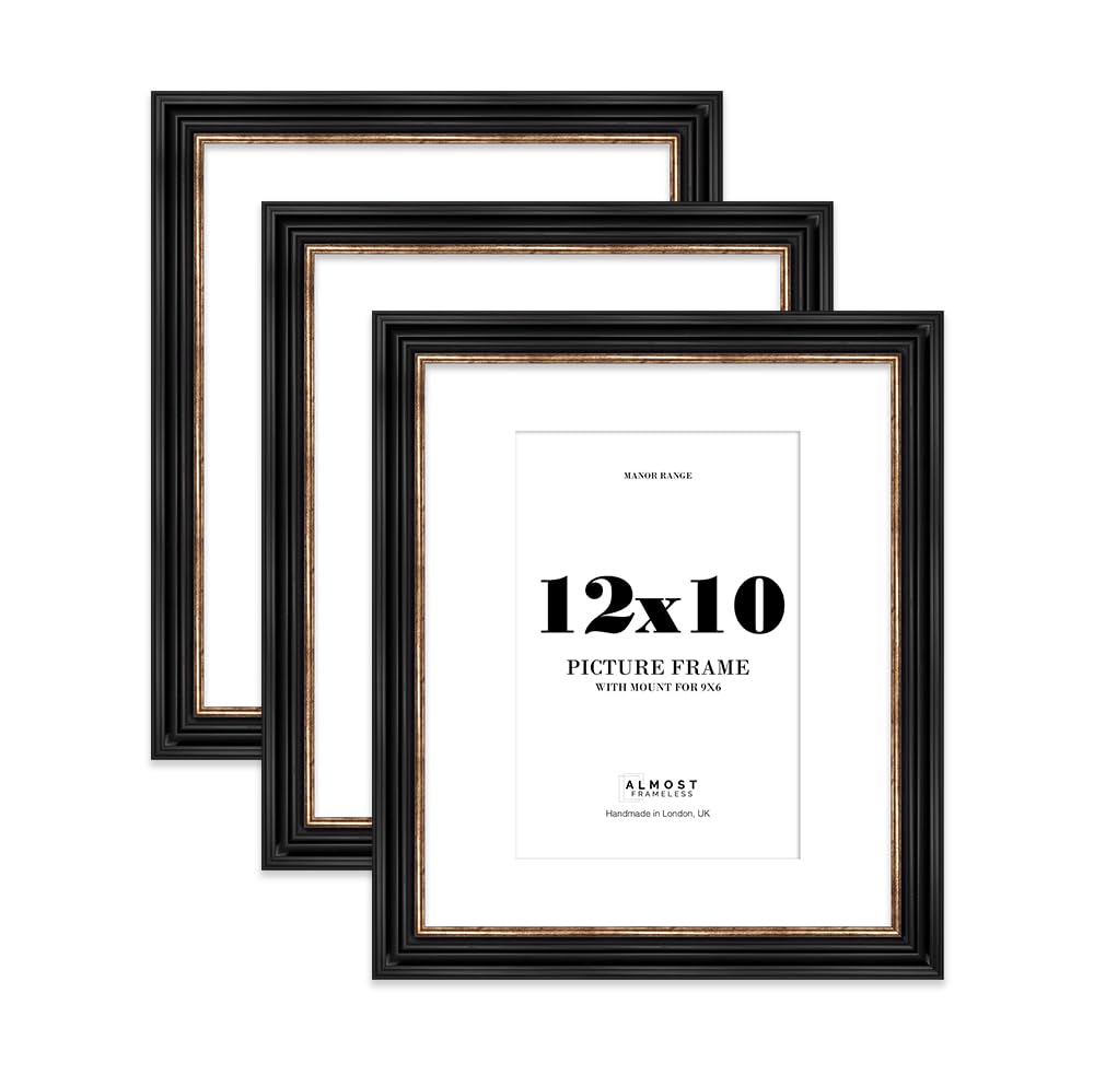 12x10" Black and Gold Picture Frame - 12x10" Frame with 9x6" Mount for 12x10"/9x6" Pictures Classic Style Gallery Wall, 3 Pack